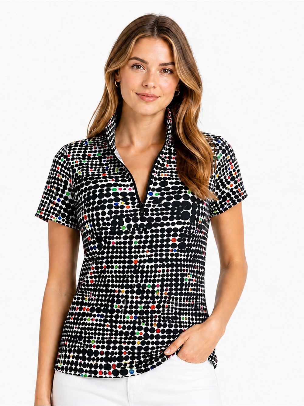 IBKUL UPF 50+ Golf Polo Polka Dot Print Quarter Zip Top short sleeve Small